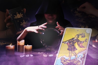 Multiple exposure with tarot cards and photo of soothsayer using crystal ball
