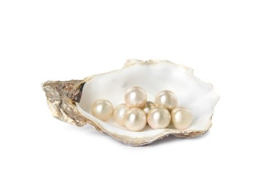 Photo of Oyster shell with pearls on white background