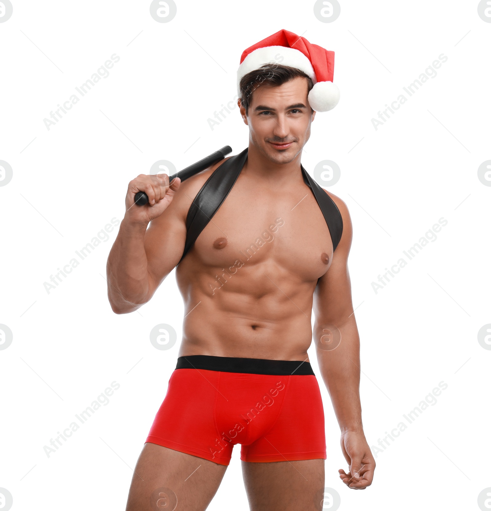 Photo of Sexy shirtless Santa Claus with baton on white background