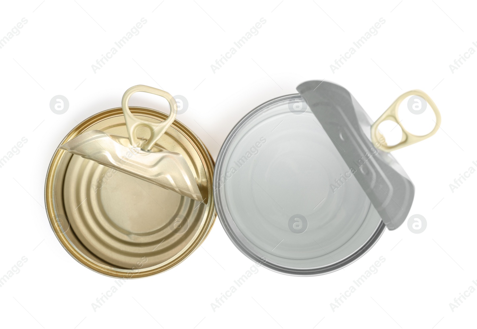 Photo of Open tin cans isolated on white, top view