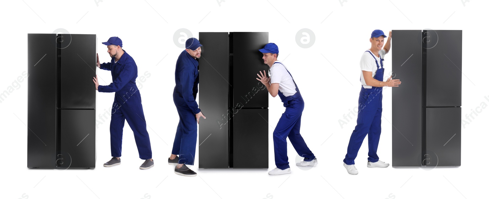 Image of Collage of workers carrying refrigerators on white background. Banner design 