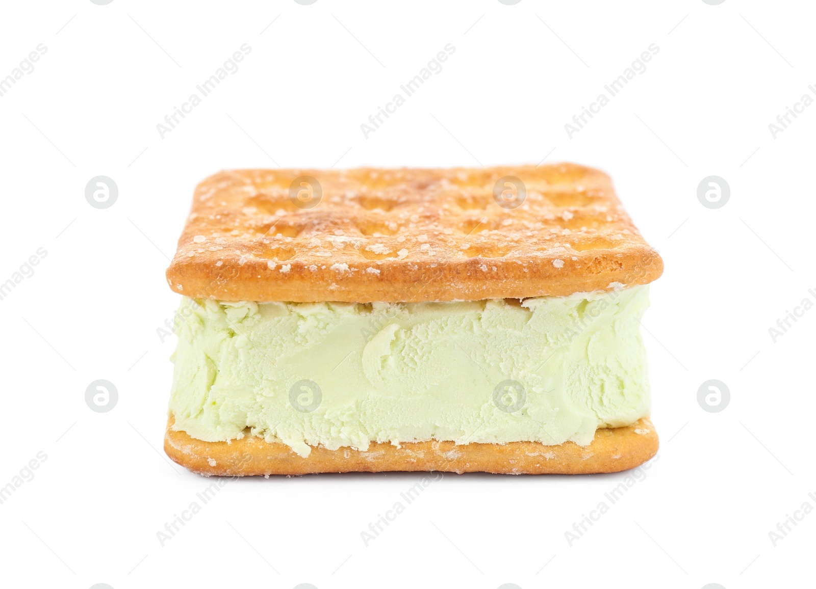 Photo of Sweet delicious ice cream cookie sandwich isolated on white