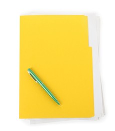 Photo of Yellow file with documents and green pen isolated on white, top view