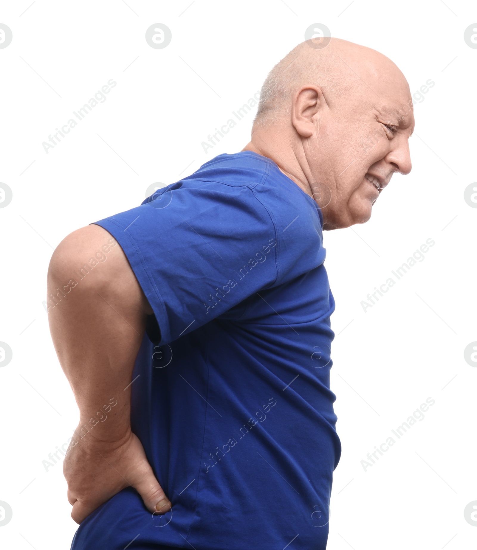 Photo of Senior man suffering from pain in back on white background