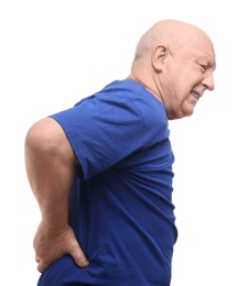 Photo of Senior man suffering from pain in back on white background