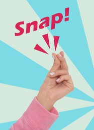 Image of Woman snapping fingers on color background, closeup