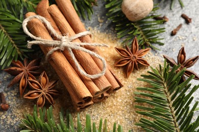 Photo of Different spices and fir branches on table, flat lay