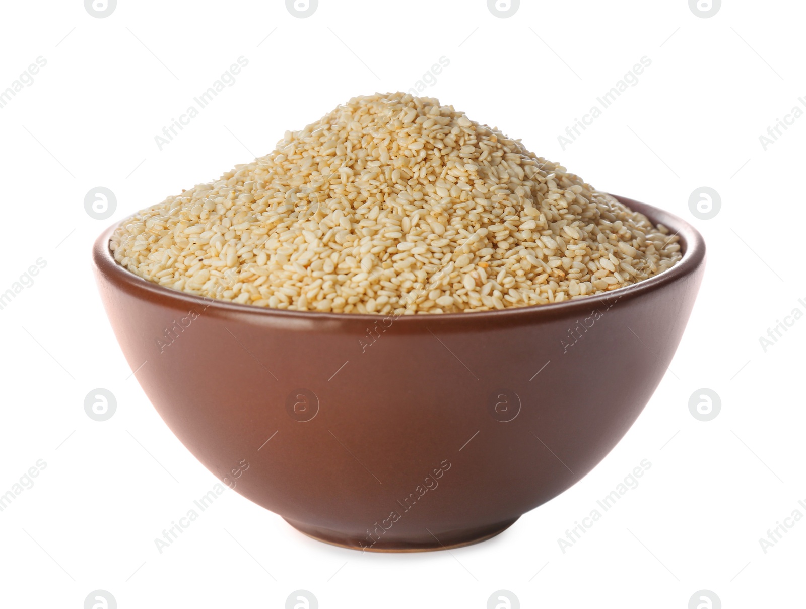 Photo of Ceramic bowl with sesame seeds on white background