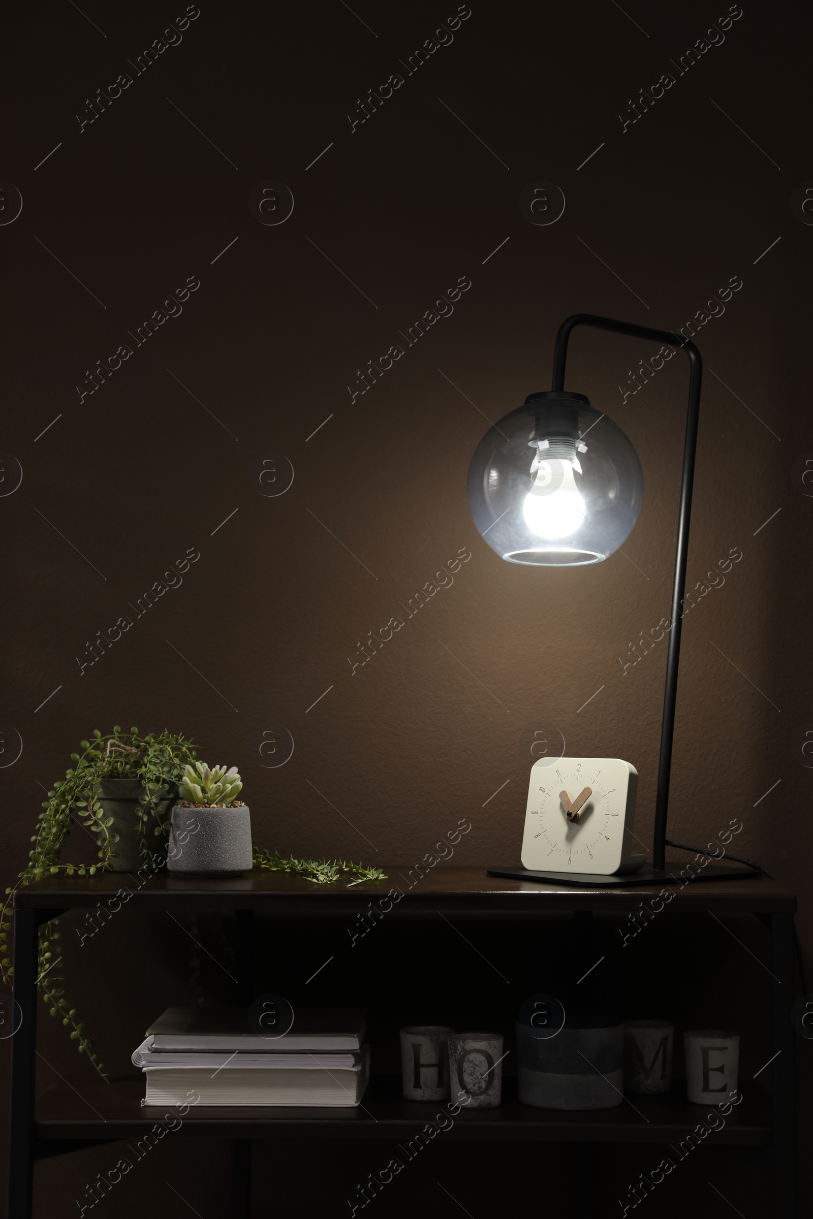 Photo of Stylish lamp, green plants and other stuff on table near brown wall indoors. Interior design