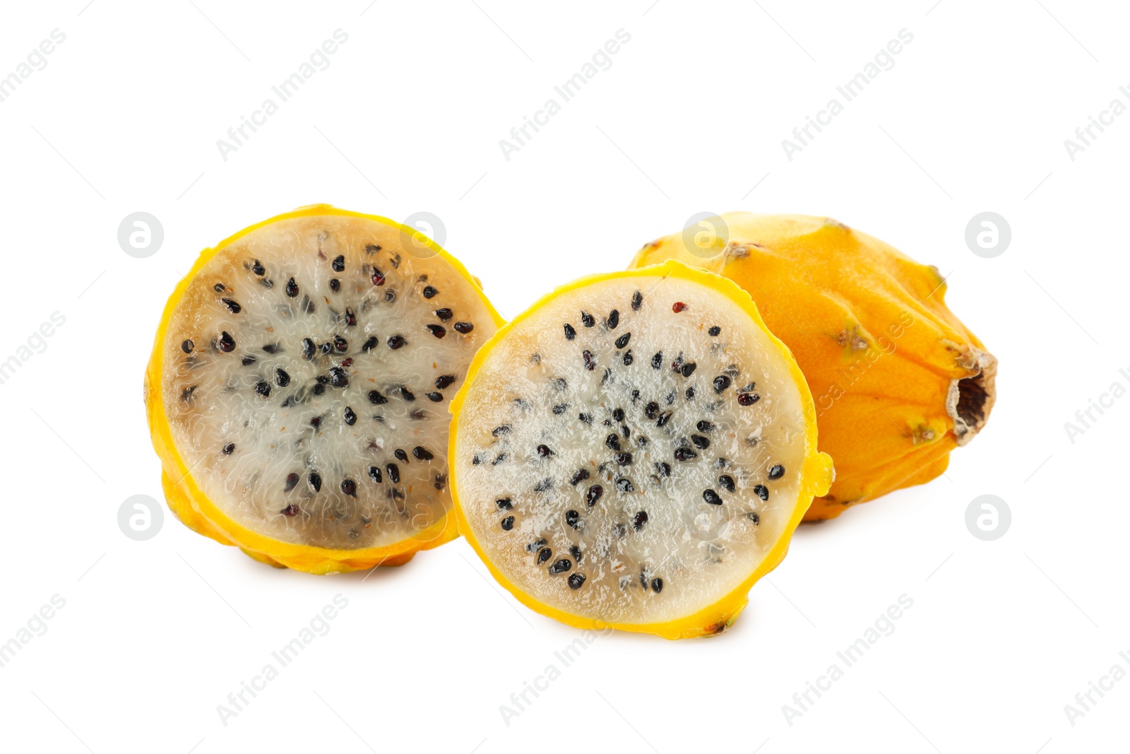 Photo of Delicious cut and whole yellow pitahaya fruits on white background