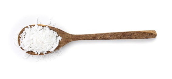 Coconut flakes in wooden spoon isolated on white, top view