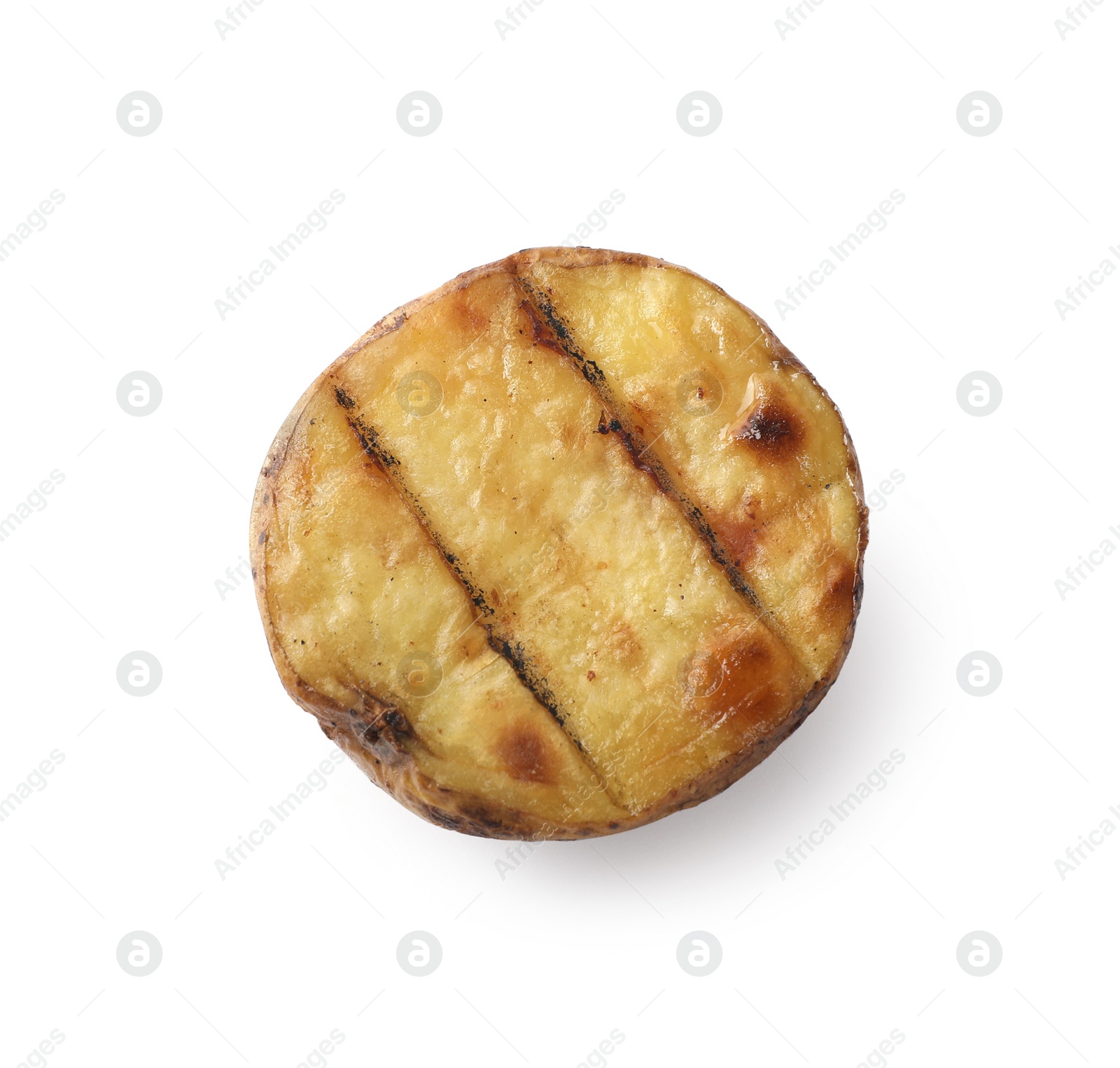 Photo of Cut tasty grilled potato isolated on white, top view