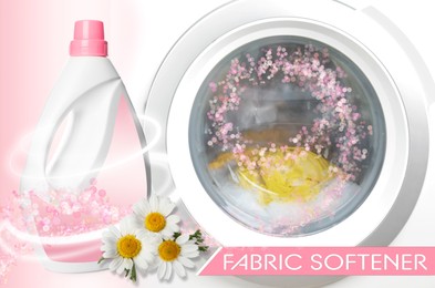 Image of Fabric softener advertising design. Bottle of conditioner, daisy flowers and washing machine on pink background