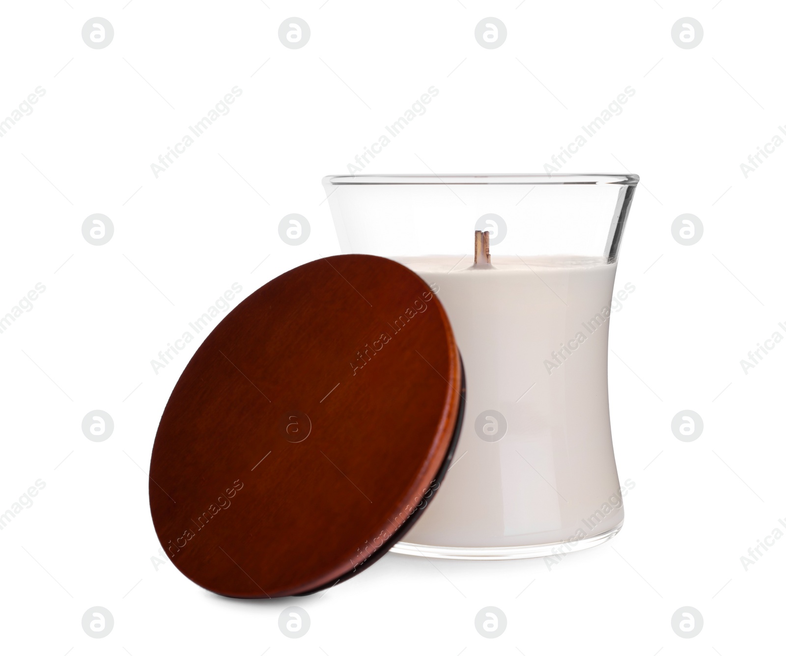 Photo of Aromatic candle in glass holder with lid isolated on white