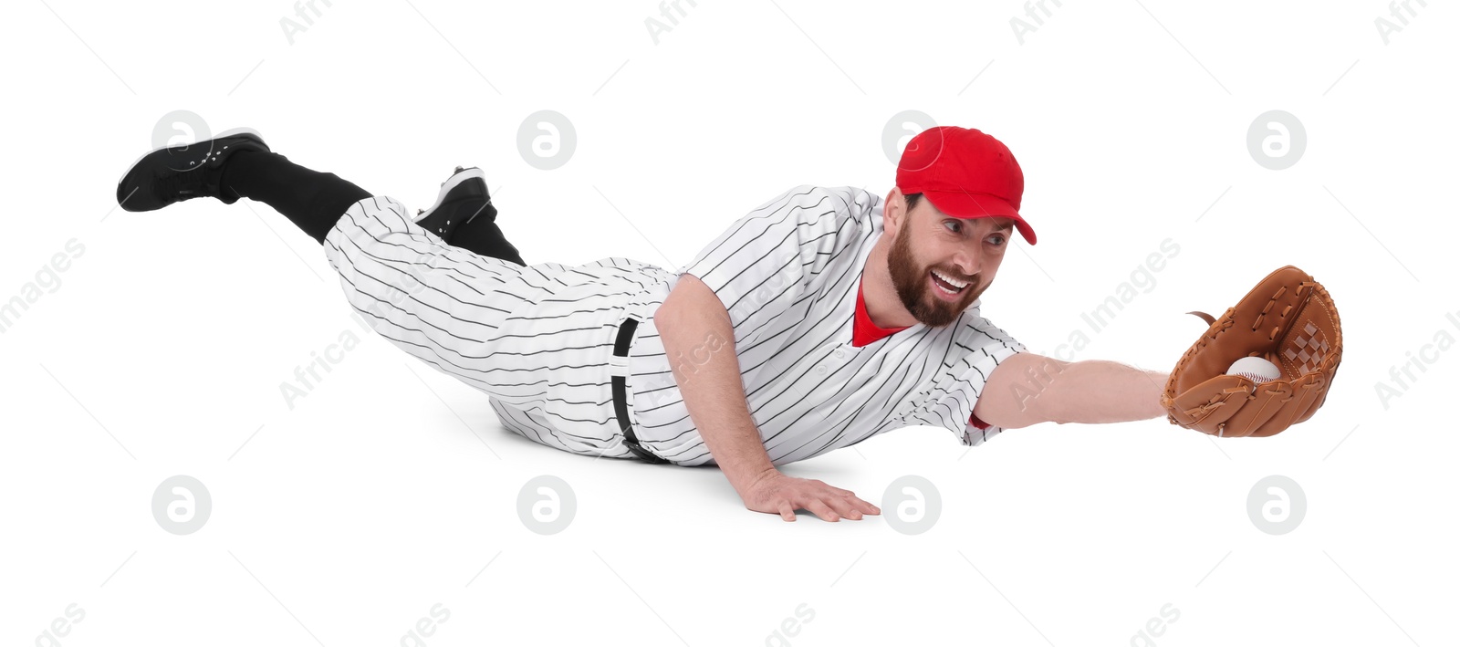 Photo of Baseball player catching ball on white background