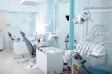 Photo of Blurred view of dentist office with chairs and professional equipment