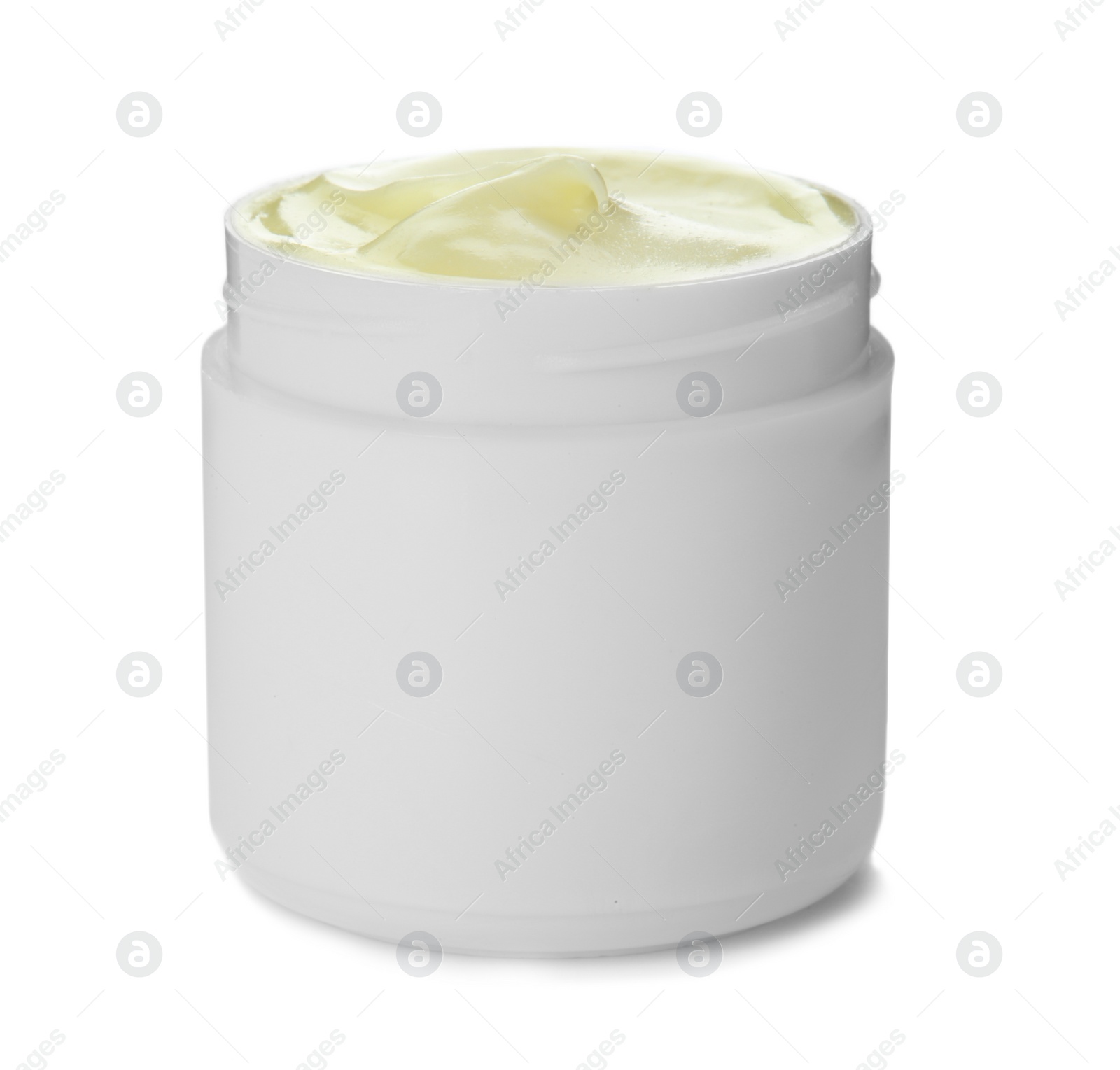 Photo of Jar with hand cream on white background