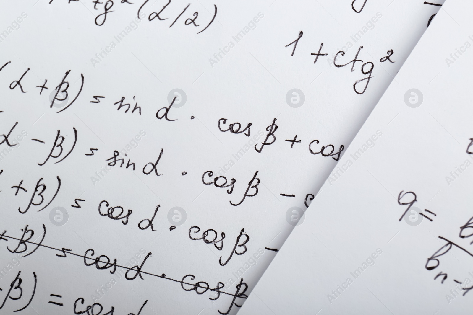 Photo of Sheets of paper with different mathematical formulas, top view