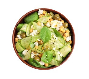 Bowl of delicious cucumber salad isolated on white, top view