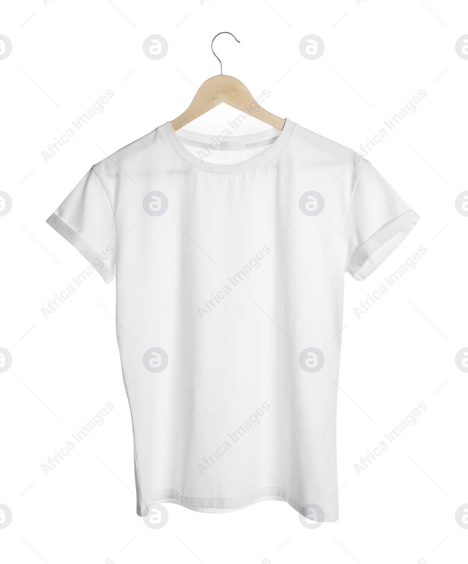 Photo of Hanger with stylish t-shirt on white background