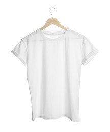 Photo of Hanger with stylish t-shirt on white background