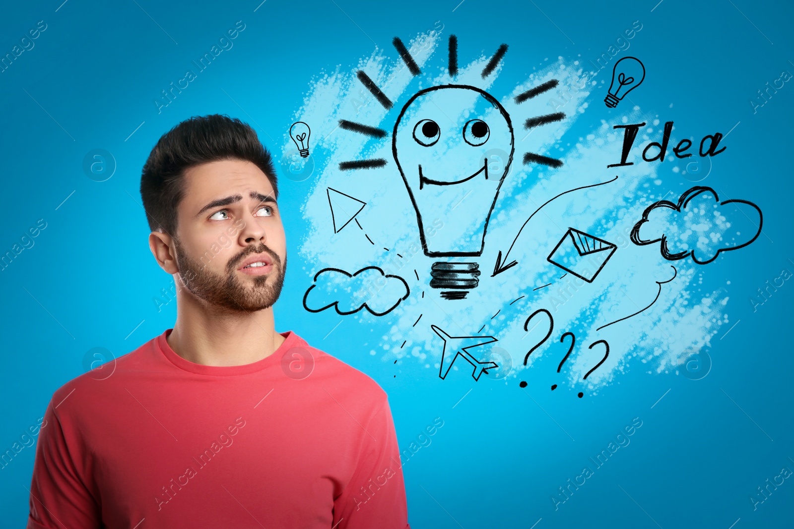 Image of Creative illustration and thoughtful man in casual outfit on blue background. Business idea