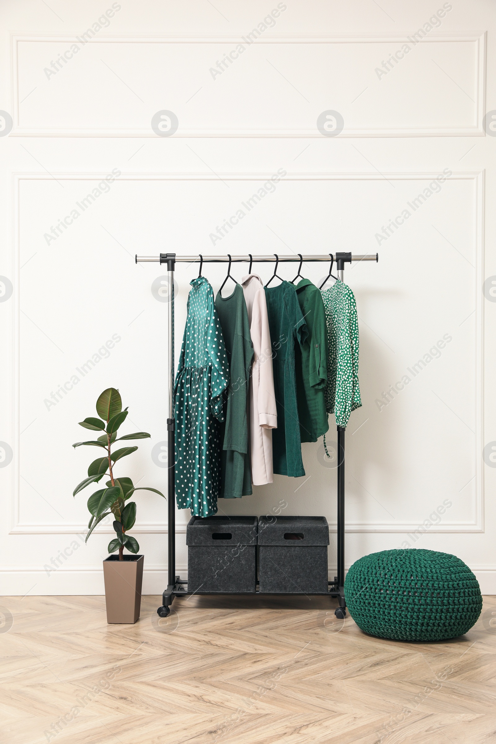 Photo of Modern room with clothes rack and houseplant. Interior design