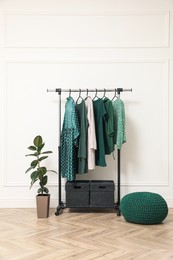 Modern room with clothes rack and houseplant. Interior design