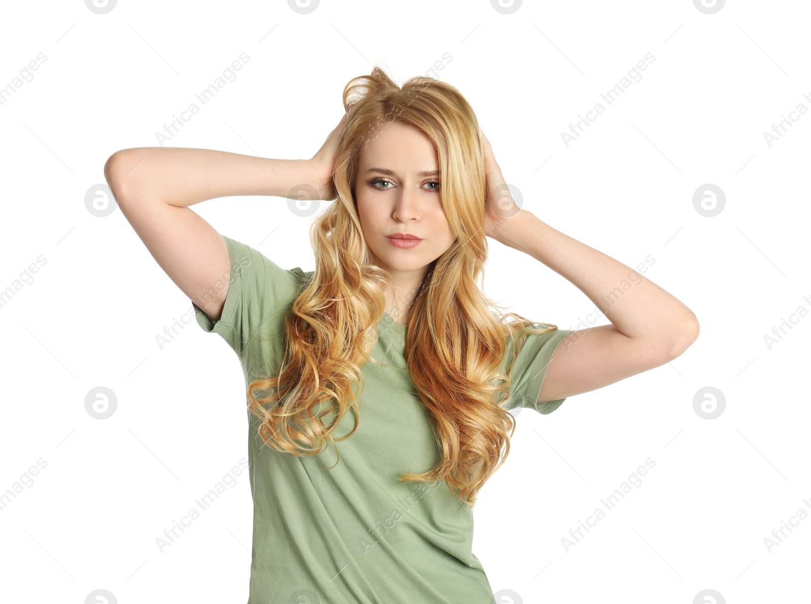 Photo of Portrait of beautiful young woman with dyed long hair on white background