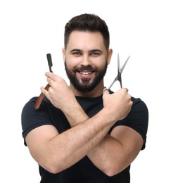 Photo of Handsome young man with mustache holding blade and scissors on white background