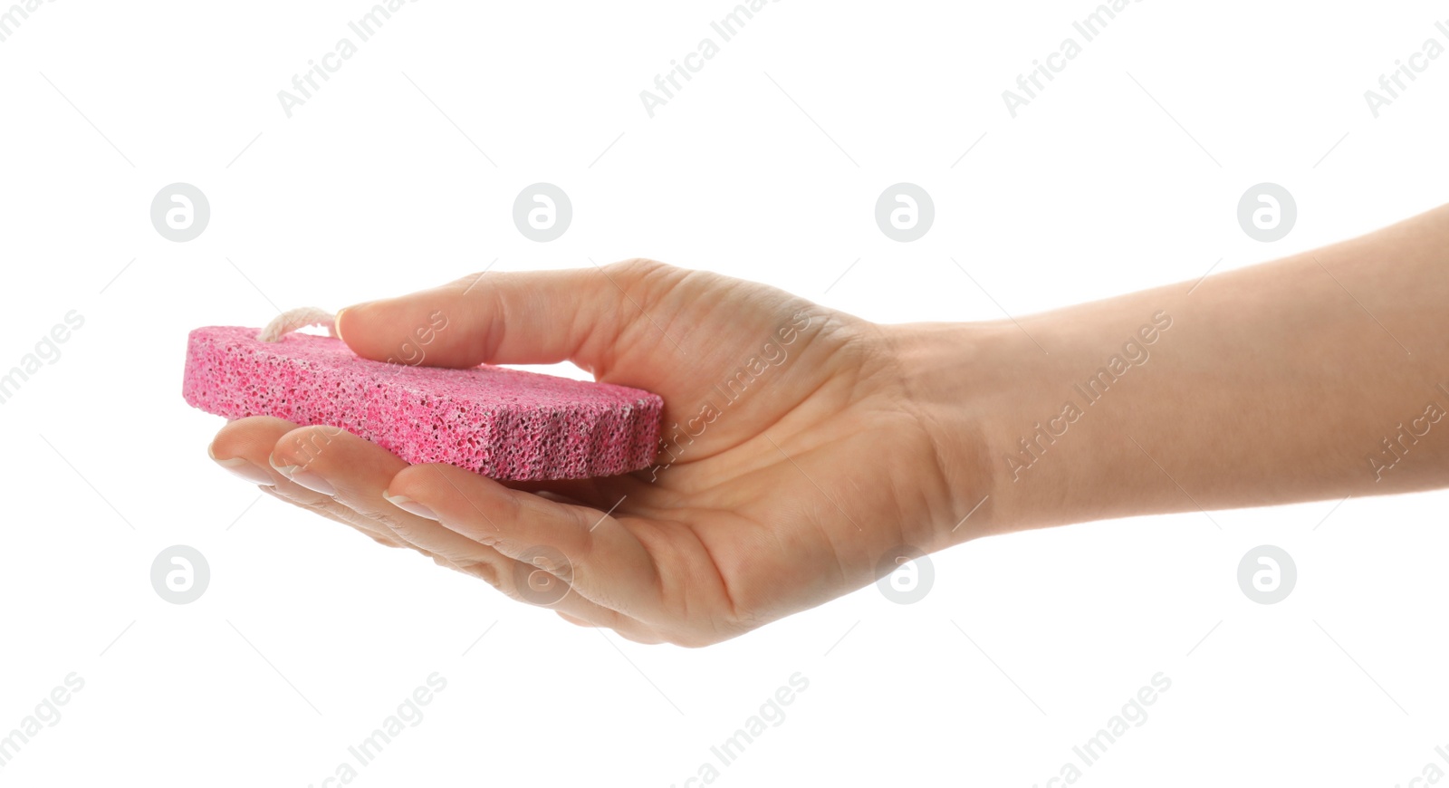 Photo of Woman holding pink pumice stone on white background, closeup