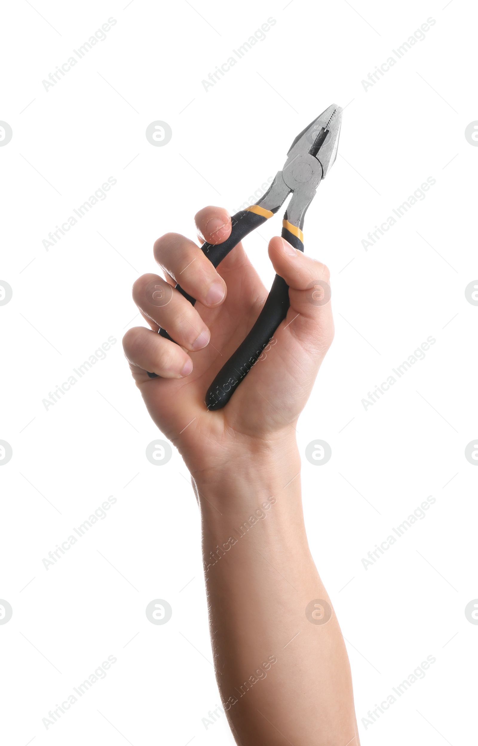 Photo of Man holding pliers isolated on white. Construction tools