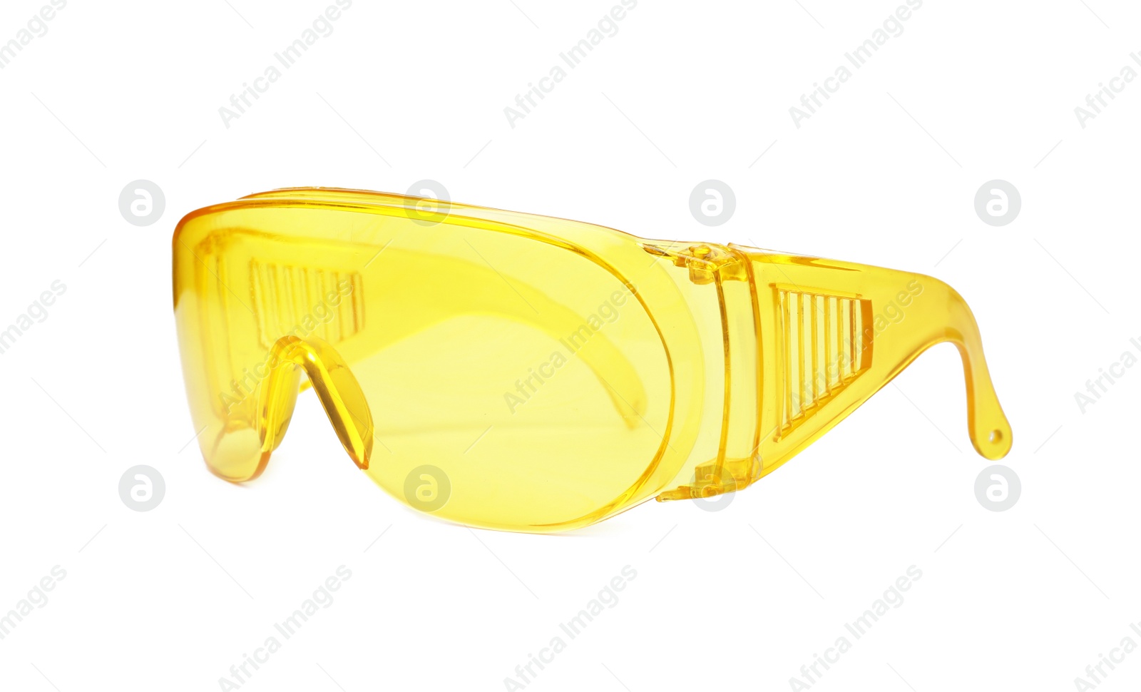 Photo of Protective goggles on white background. Construction tool