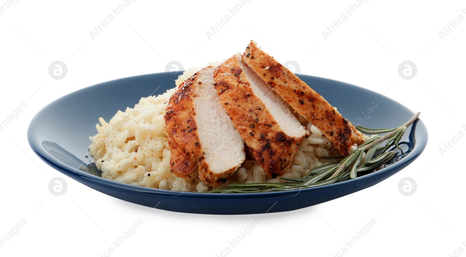 Photo of Delicious risotto with chicken isolated on white