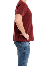 Photo of Young man on white background, closeup. Weight loss