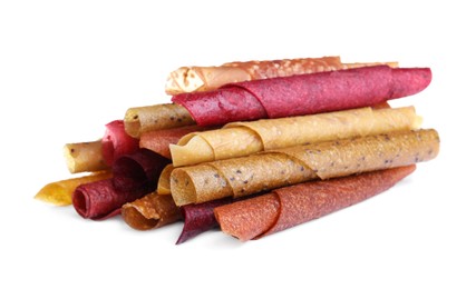 Photo of Delicious fruit leather rolls on white background