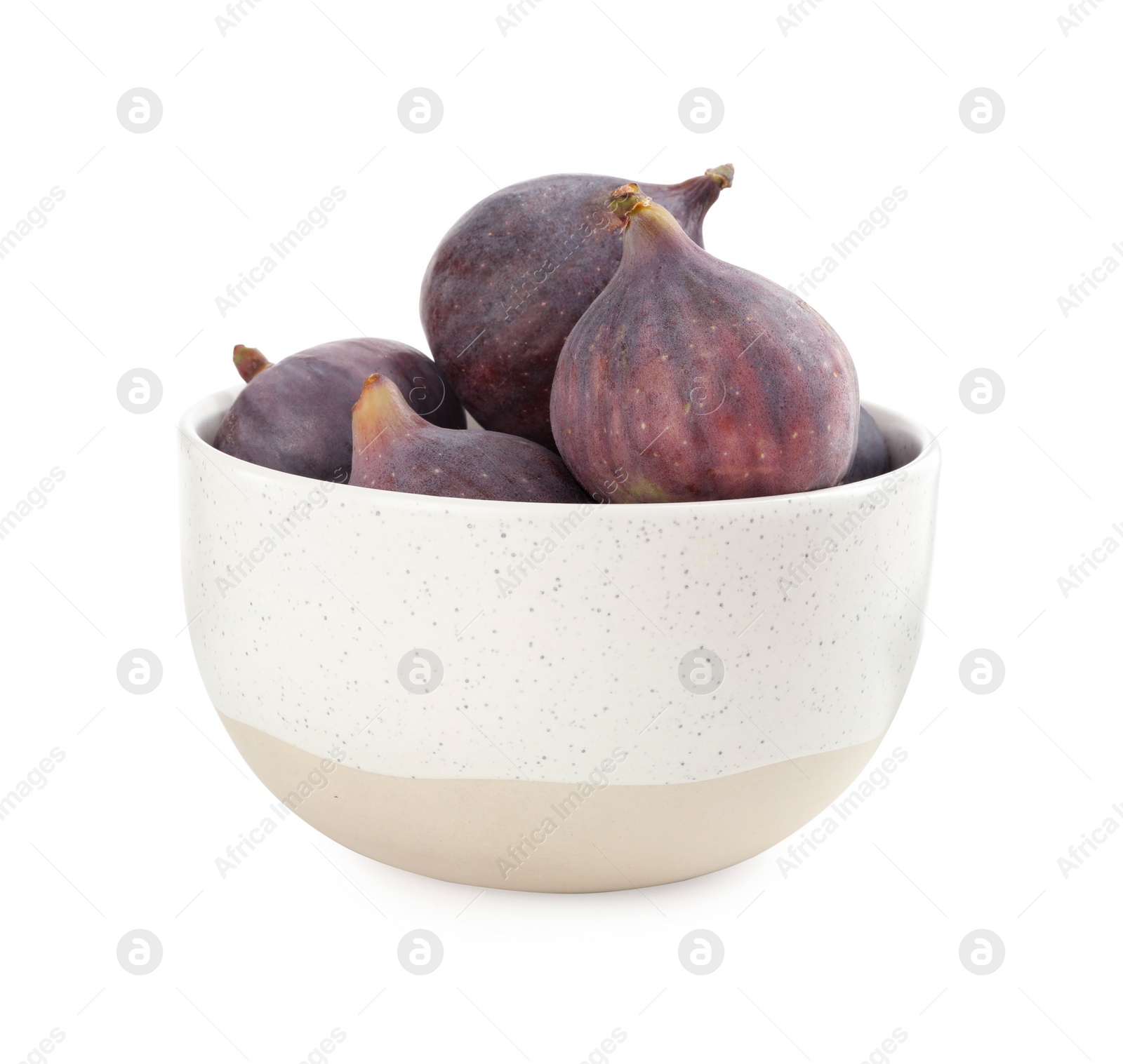 Photo of Whole tasty fresh figs in bowl on white background