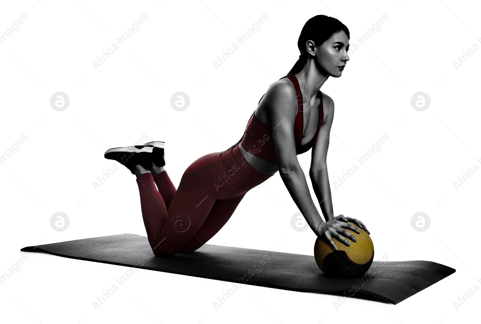 Image of Athletic woman doing exercise with medicine ball isolated on white