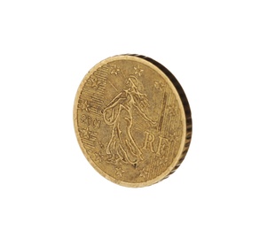 Photo of Shiny euro cent coin on white background