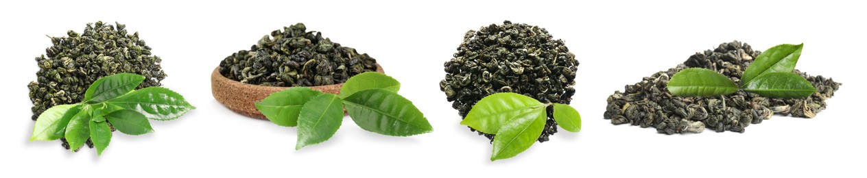 Image of Dry green tea and fresh leaves on white background, collage. Banner design 