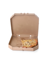 Cardboard box with pizza pieces on white background