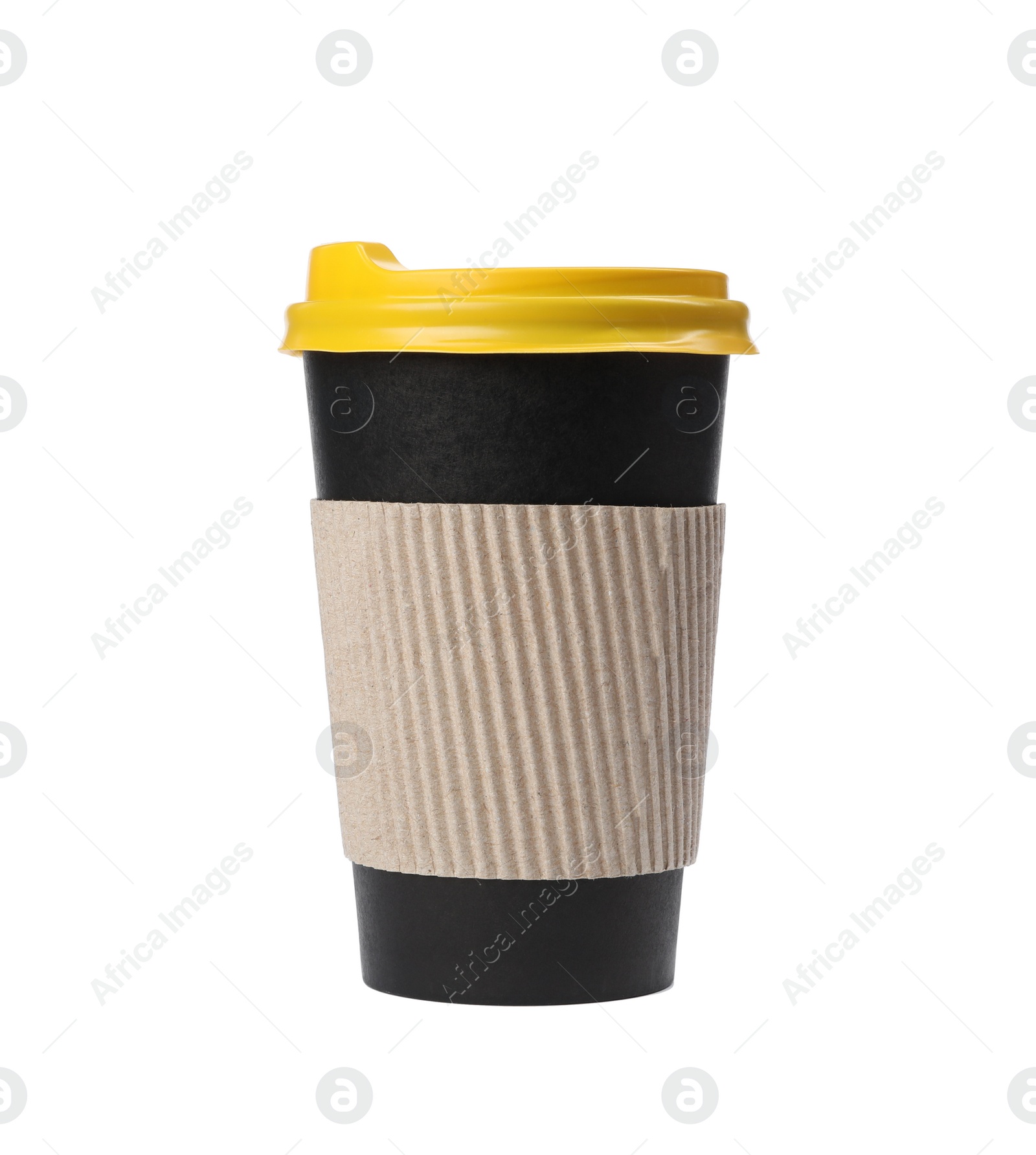 Photo of Takeaway paper coffee cup with cardboard sleeve isolated on white