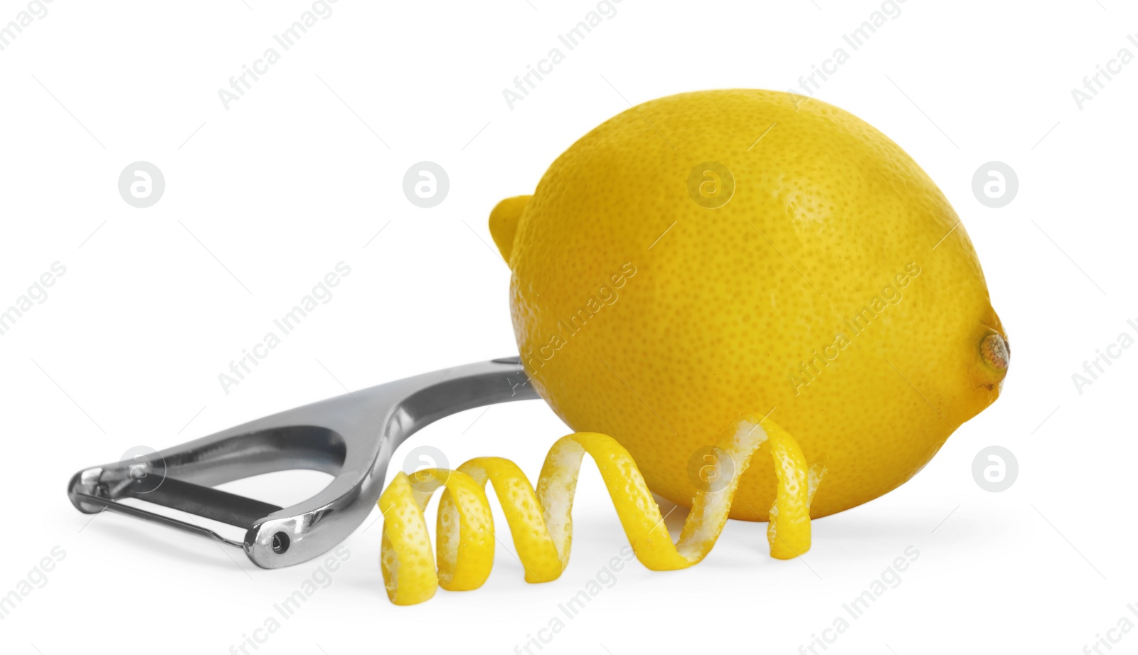 Photo of Peeler, fresh lemon and zest on white background