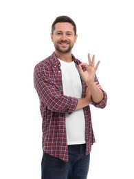 Photo of Happy man showing ok gesture on white background