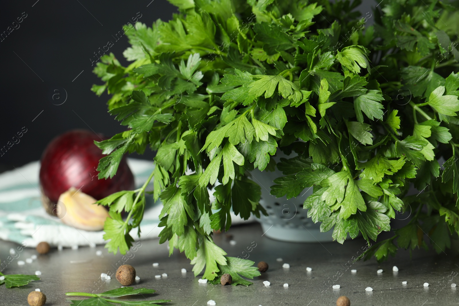 Photo of Fresh parsley, peppercorns and salt on grey table, closeup