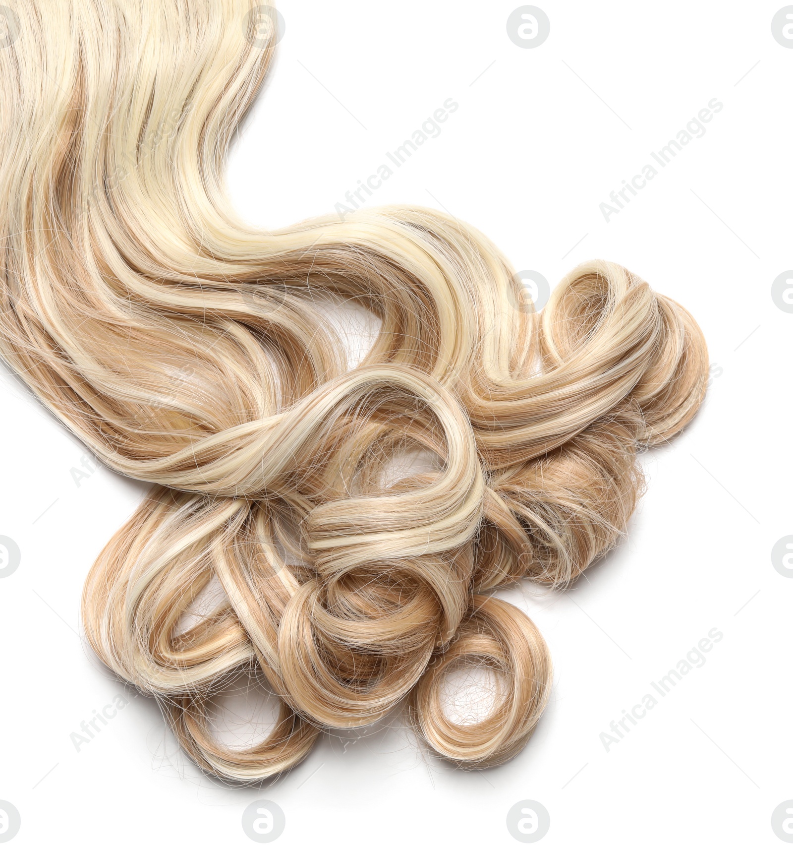 Photo of Beautiful blonde curly hair isolated on white, top view