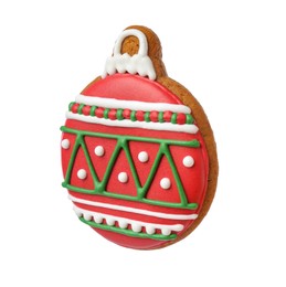 Photo of Tasty cookie in shape of Christmas ball isolated on white