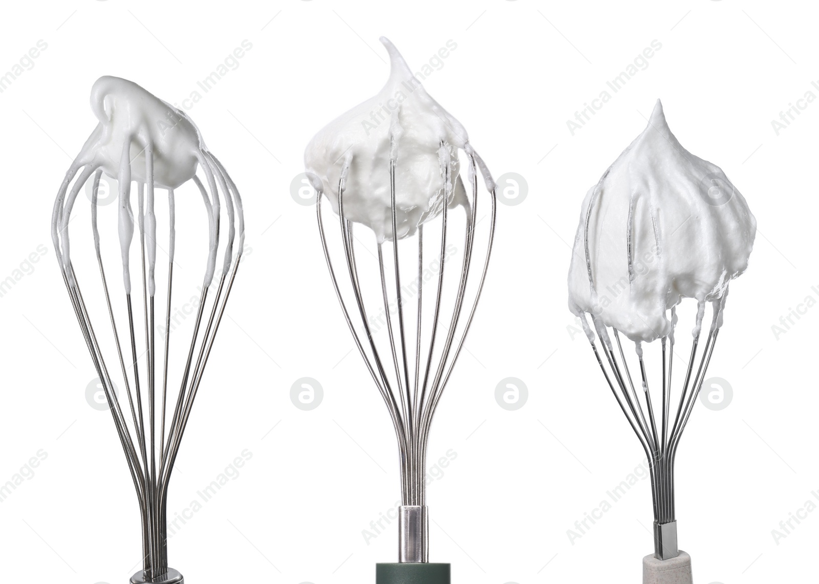 Image of Many different whisks with cream isolated on white, collection