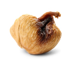 Photo of Delicious dried fig fruit on white background. Organic snack
