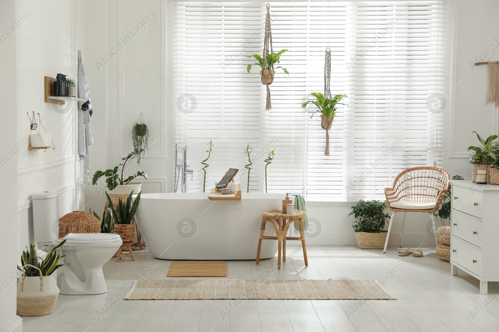 Photo of Stylish white tub and green houseplants in bathroom. Interior design